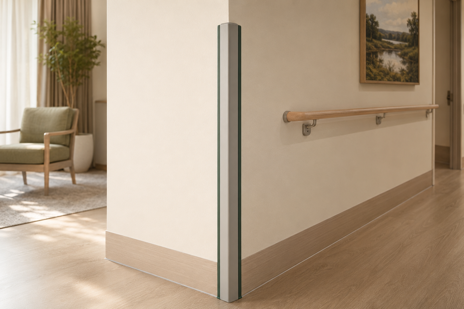Protective corner guard installed in a warm care environment