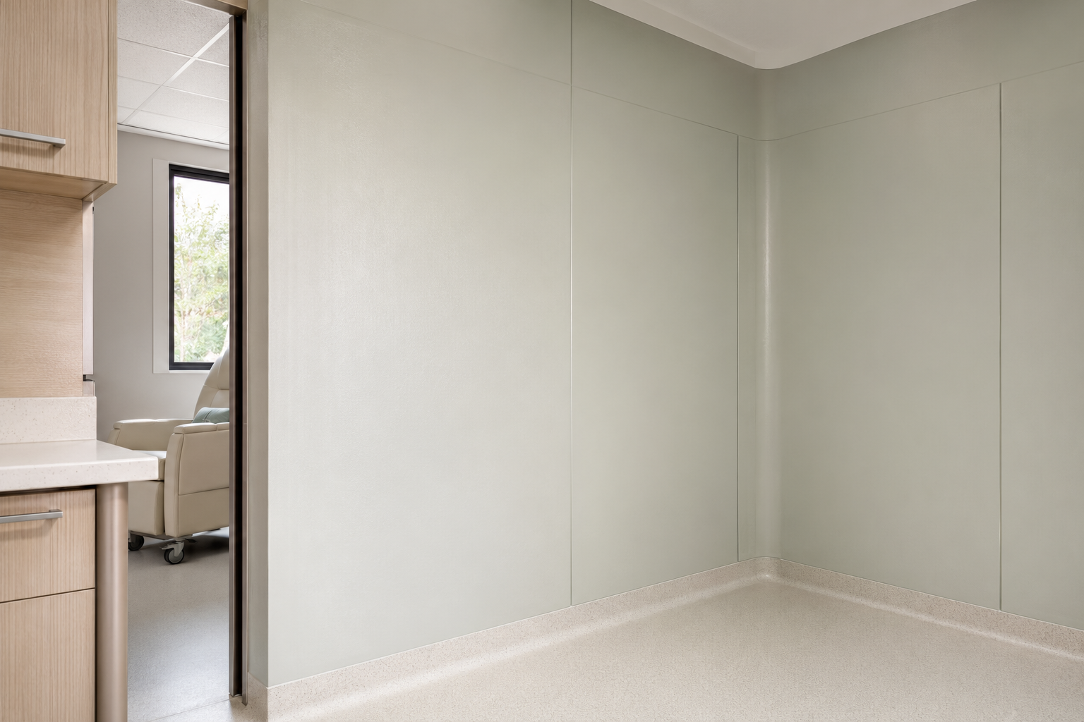 Seamless sage hygienic PVC sheeting in a healthcare interior